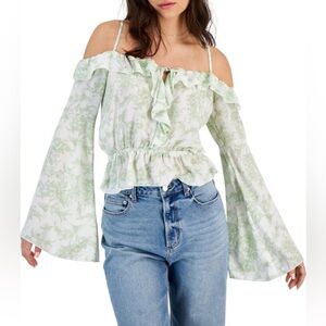 Madden Girl Juniors' Floral-Print Ruffled Cold-Shoulder Top size XL